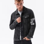 Ombre Clothing Riflová bunda v černo-bílé barvě s potiskem C525