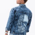 Ombre Clothing Riflová bunda v indigo barvě s potiskem C525