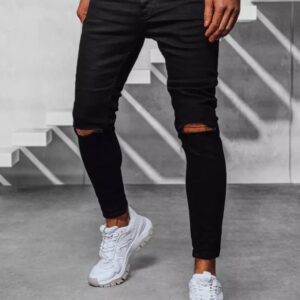 Dstreet Pohodlné bavlněné černé rifle s dírami