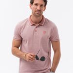 Ombre Clothing Bavlněná staro růžová polokošile s kontrastním límcem S1618-V2